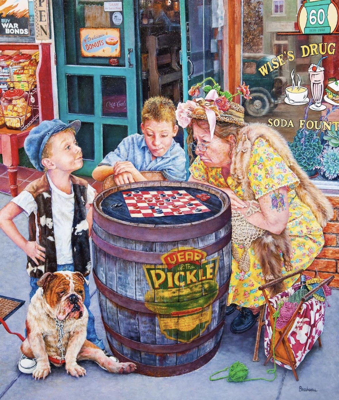 Colorful painting of children, a bulldog, and a woman around a pickle barrel table on a vintage street