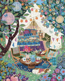 Colorful illustration of a glamping tent surrounded by flowers, lanterns, and a tea set in a lush garden
