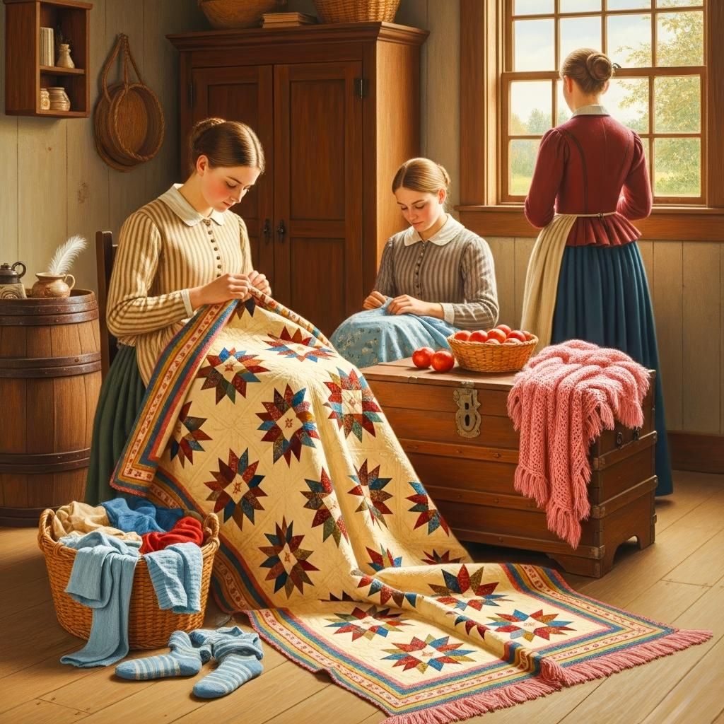 Women Quilting Colonial Interior
