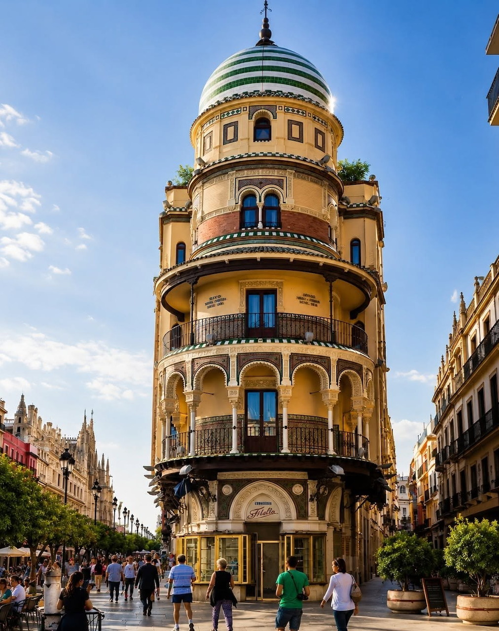 Ornate round tower building in Seville with balconies, arches, and a striped dome above a busy street