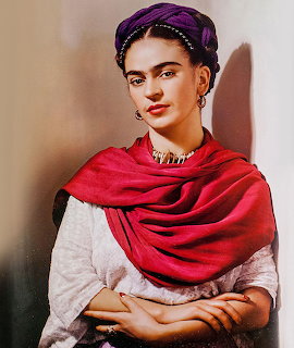 Portrait of Frida Kahlo with red shawl, white blouse, and purple braided headwrap