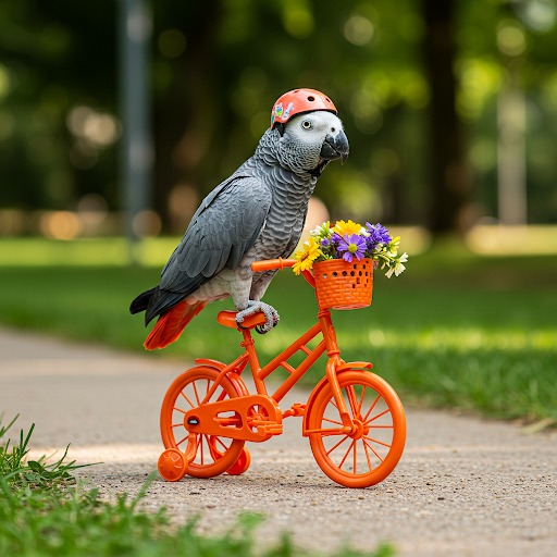 African grey parrot standing on a small orange bicycle with flowers in the basket