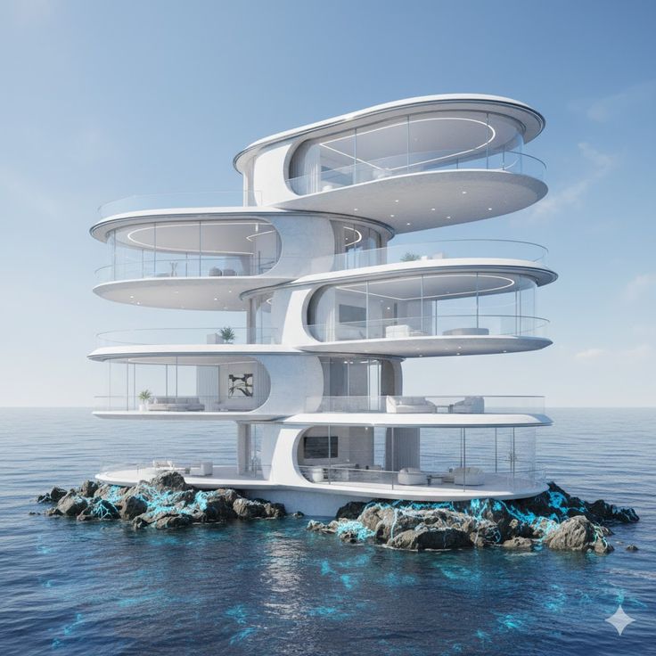 Futuristic white multi-level house on a rocky island in the ocean