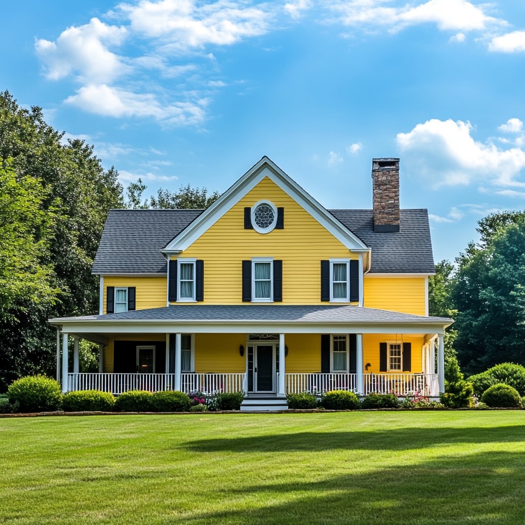 Yellow colonial house with wraparound porch and green lawn under blue sky