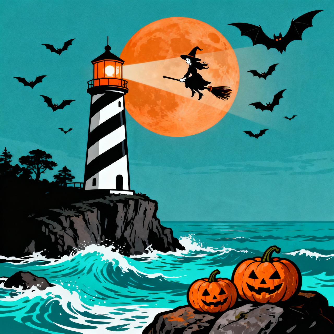 Halloween scene with lighthouse, witch flying across orange moon, bats, and pumpkins by ocean waves