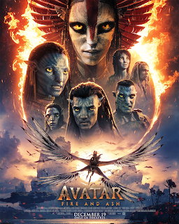 Fantasy movie poster with characters arranged in circular composition above tropical ocean scene with winged central figure