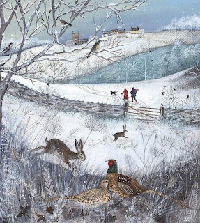 Painting of a snowy rural landscape with pheasants, rabbits, bare trees, and two people walking in snow
