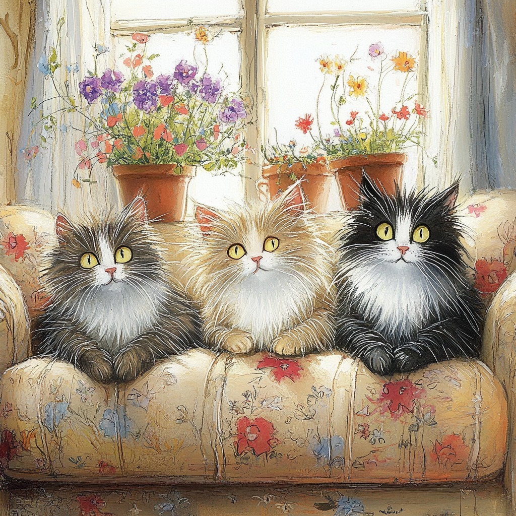 Three Fluffy Kittens on Sofa