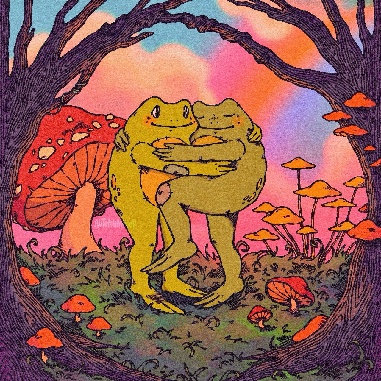 Yellow frog surrounded by red and orange mushrooms in a whimsical forest with colorful sunset background