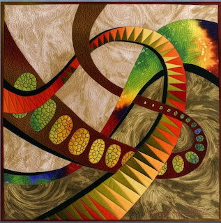 Abstract art with curved colorful paths and textured patterns on marbled background
