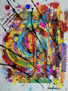 Colorful abstract expressionist painting with swirling shapes, paint splatters, and bold vivid colors