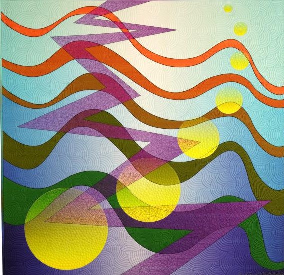 Abstract quilt with colorful wavy stripes and yellow circles