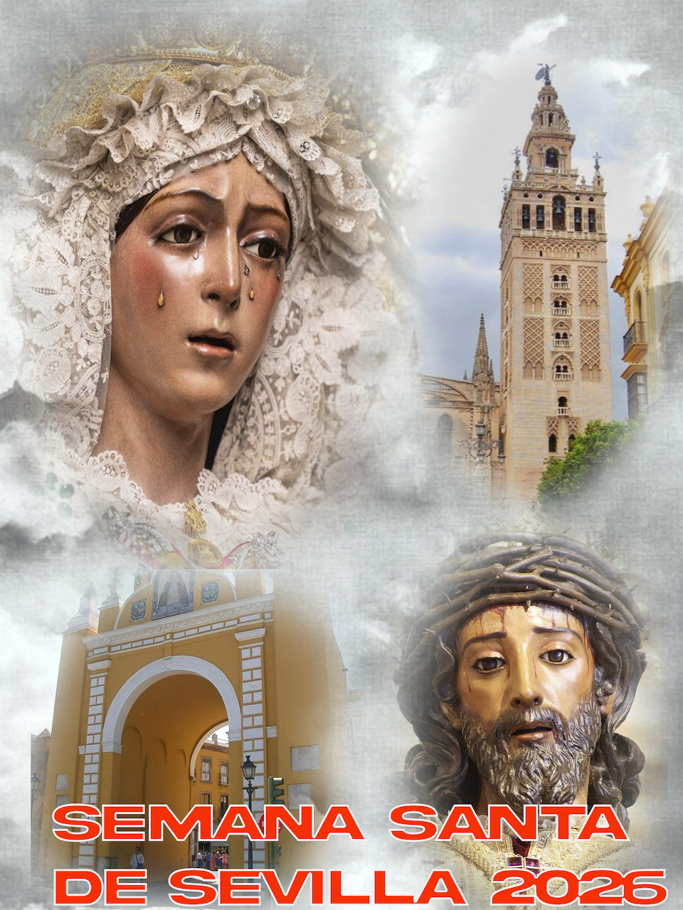 Semana Santa Sevilla 2026 poster with Virgin Mary, Jesus Christ figure, and Giralda tower