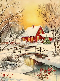 Vintage painting of a red house in snowy winter scene with bridge over stream and Christmas tree