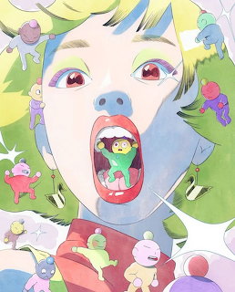 Colorful Japanese pop art of a blue-skinned girl with mouth open, surrounded by small cartoon creatures