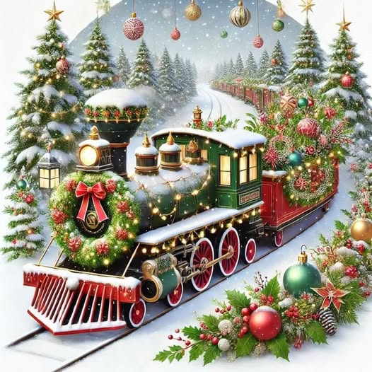 Decorated Christmas train with snow-covered evergreens, ornaments, and winter holiday decorations