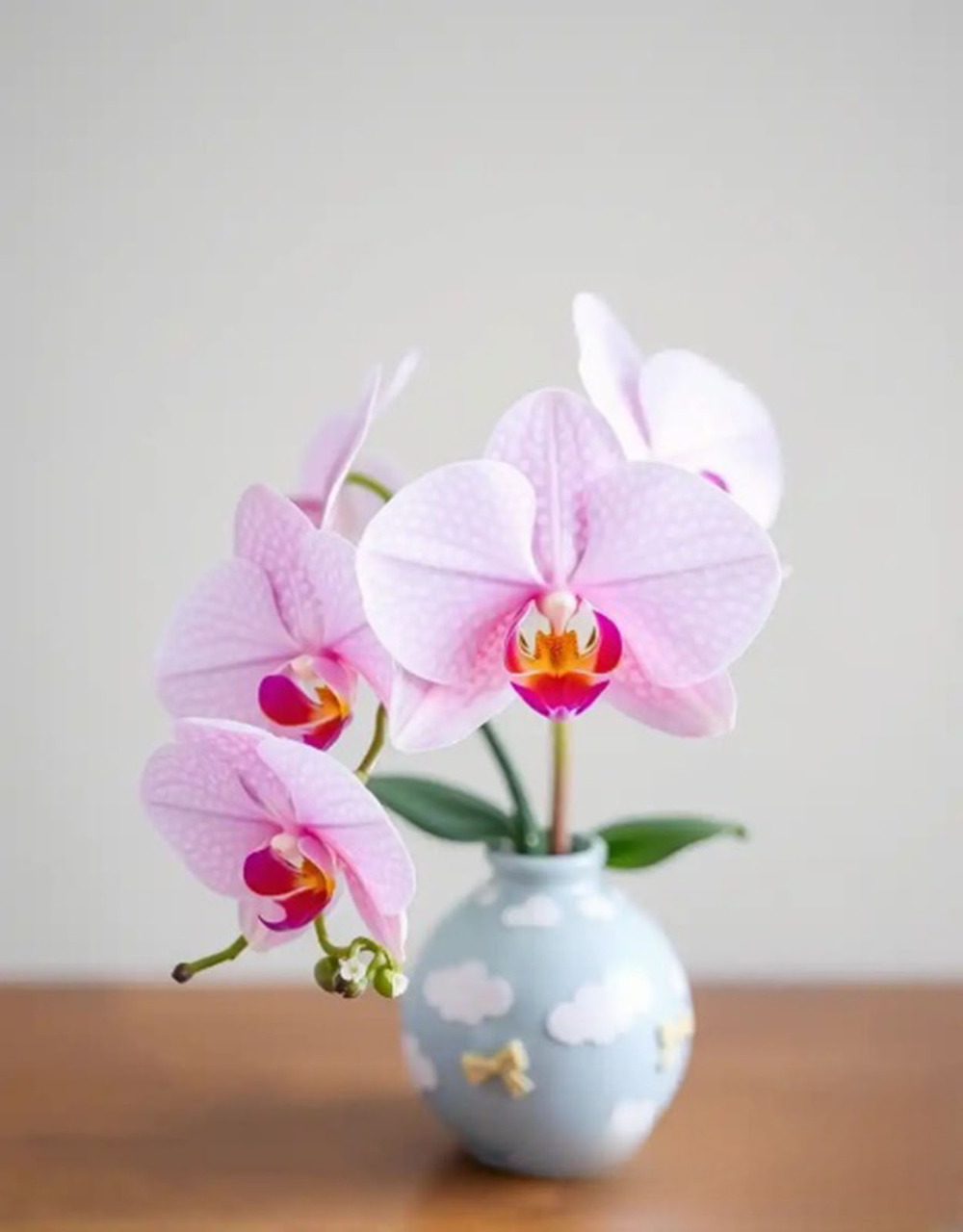 Pink phalaenopsis orchid flowers in a small blue vase with cloud pattern on a wooden surface