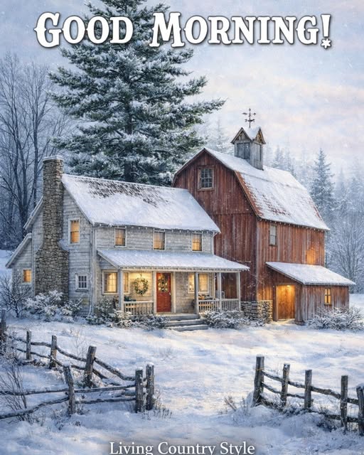Farm buildings covered in snow in a quiet winter landscape