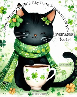 Cartoon black cat with green shamrock scarf holding a coffee cup surrounded by clovers and Irish blessing text