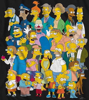 Colorful illustration showing a large group of The Simpsons animated characters arranged together