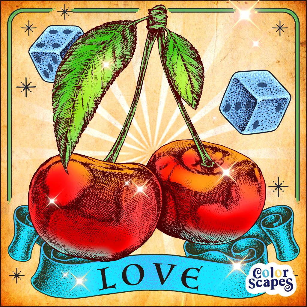 Two red cherries with green leaves and blue ribbon banner saying LOVE on retro starburst background with dice