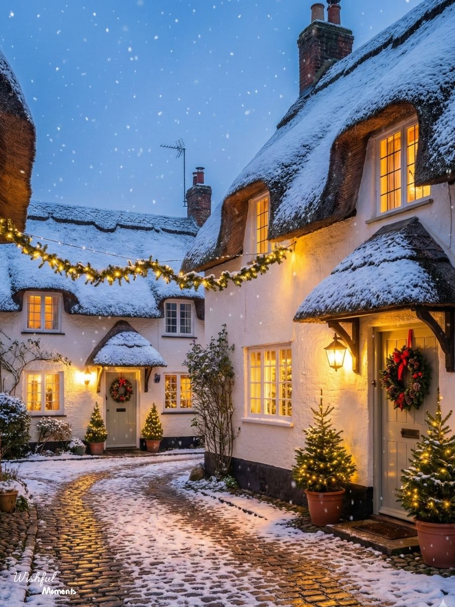 Snow-covered thatched cottage with Christmas decorations, warm glowing windows, and falling snow at dusk
