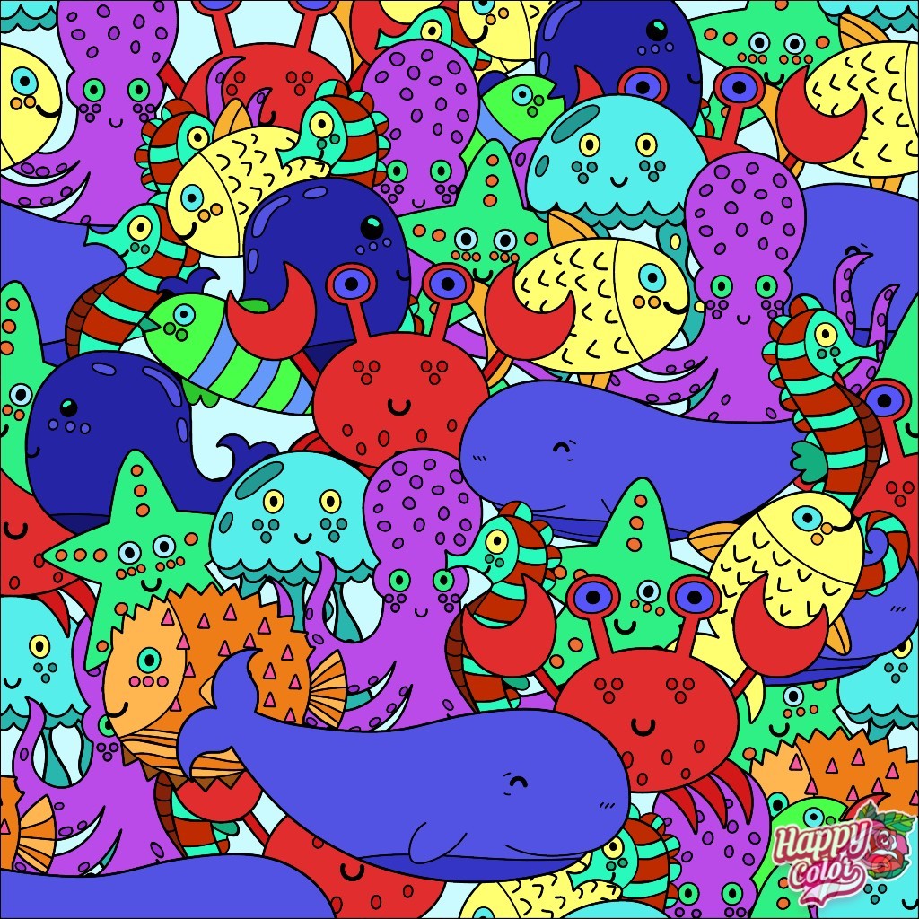 Colorful cartoon sea life with whales, octopuses, jellyfish, crabs, fish, and starfish