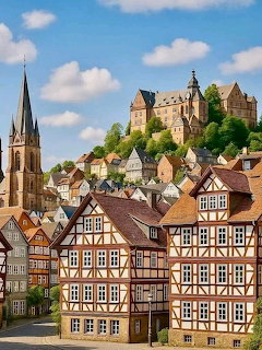 Marburg old town with half-timbered houses, church spire, and hilltop castle on a wooded hill.