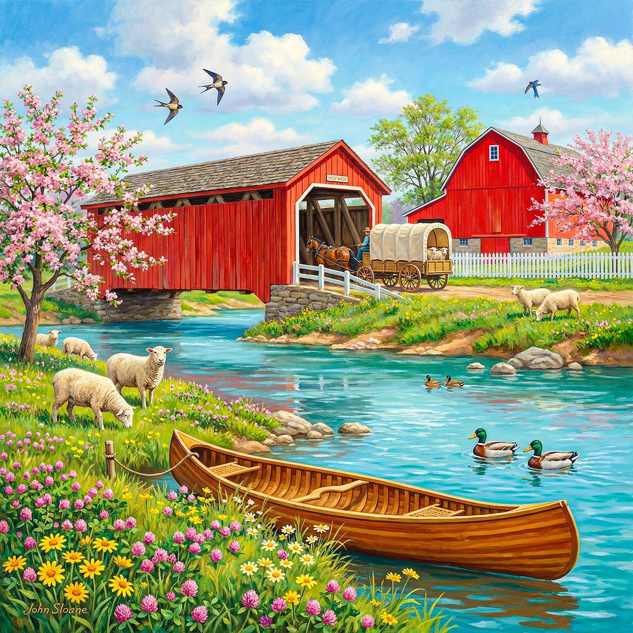 Painting of a country spring scene with red covered bridge, barn, sheep, ducks, canoe, and flowering trees