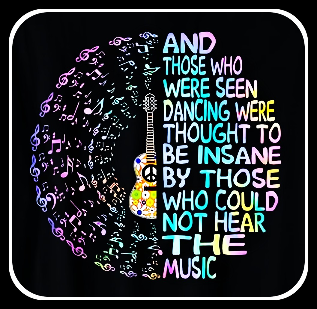 Brain illustration with musical notes on left, inspirational dance quote and guitar on right, colorful text on black