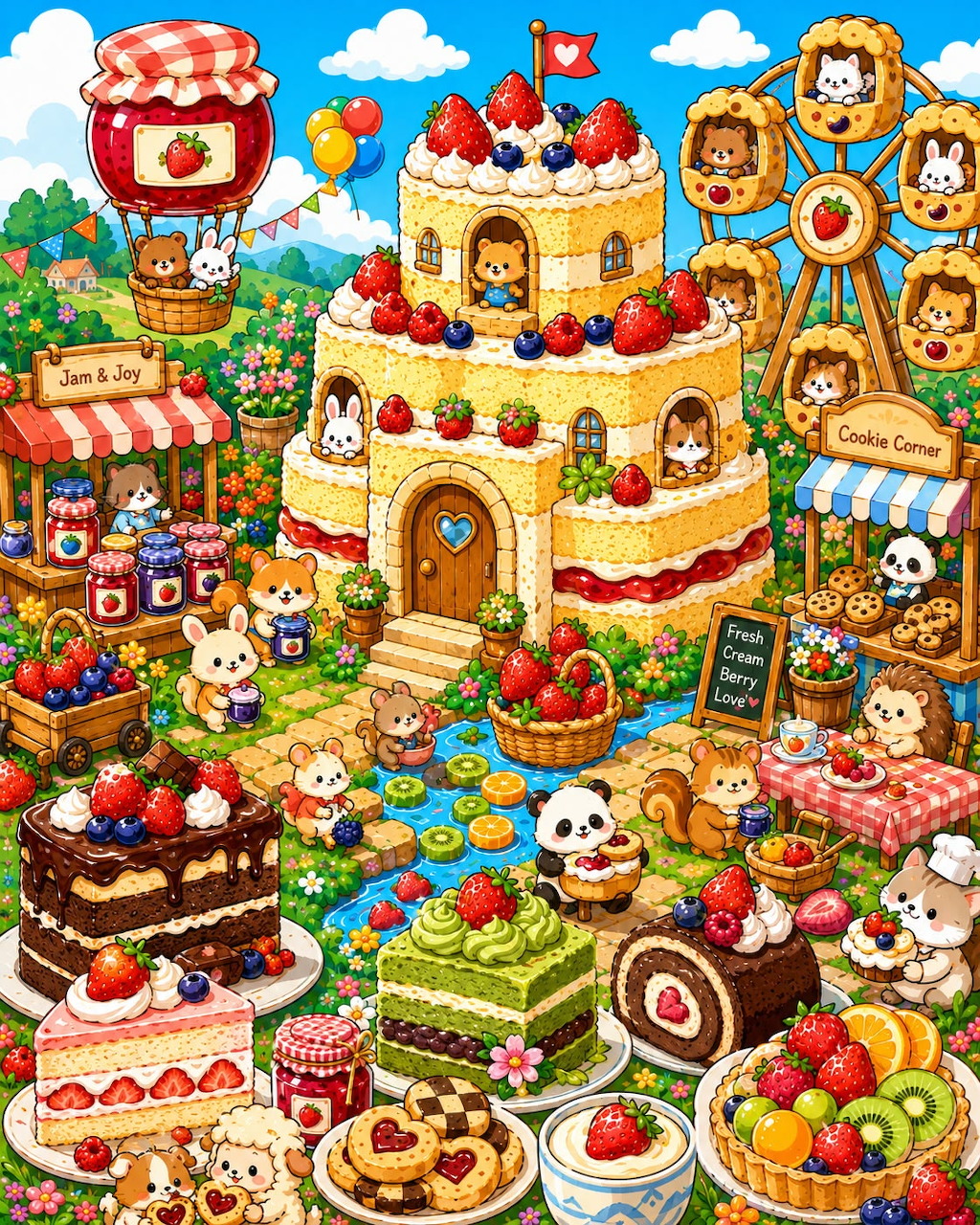 Colorful illustrated scene of a cake castle surrounded by desserts, candy houses, and cartoon animals in a sweet fantasy town
