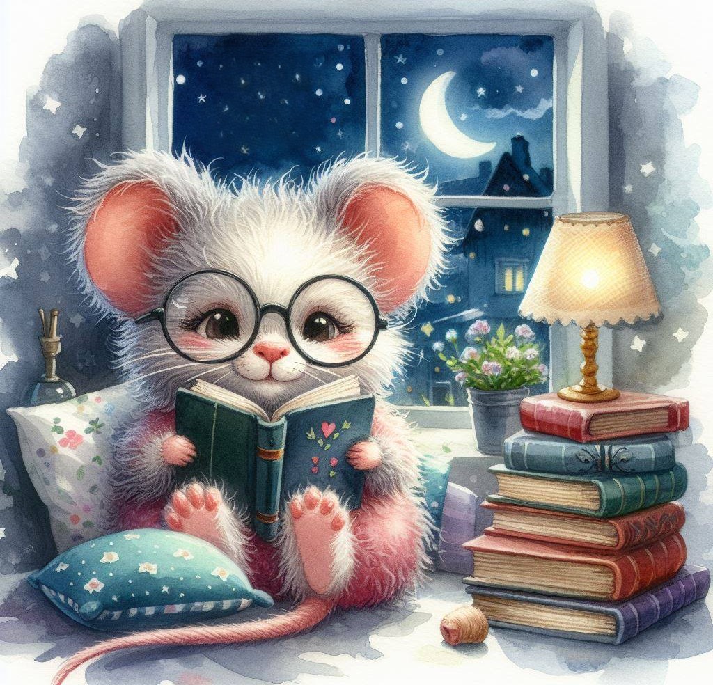 Illustrated white mouse with glasses reading a book by a window at night with moon and lamp