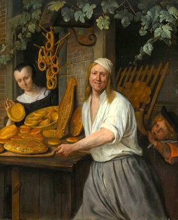 Dutch Golden Age painting of a woman baker with bread at a wooden table, other figures visible in shadowy interior