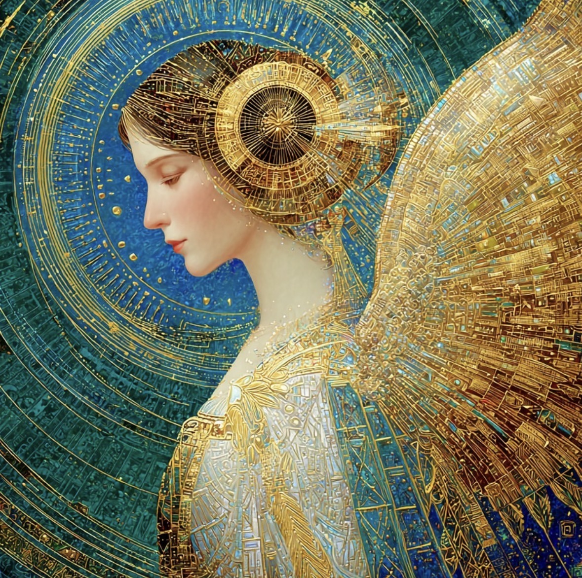 Stylized golden angel woman in profile with halo and wing on a blue textured background