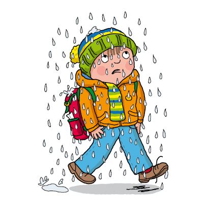 Cartoon child in raincoat and hat walking in the rain with a backpack