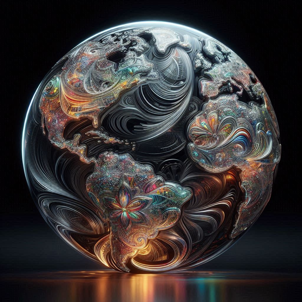 Glossy sphere with ornate swirling fractal patterns in blue, orange and silver on black background