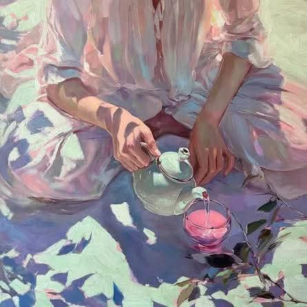 Painting of a woman in pink pouring tea from a white teapot into a pink cup, with soft dappled light