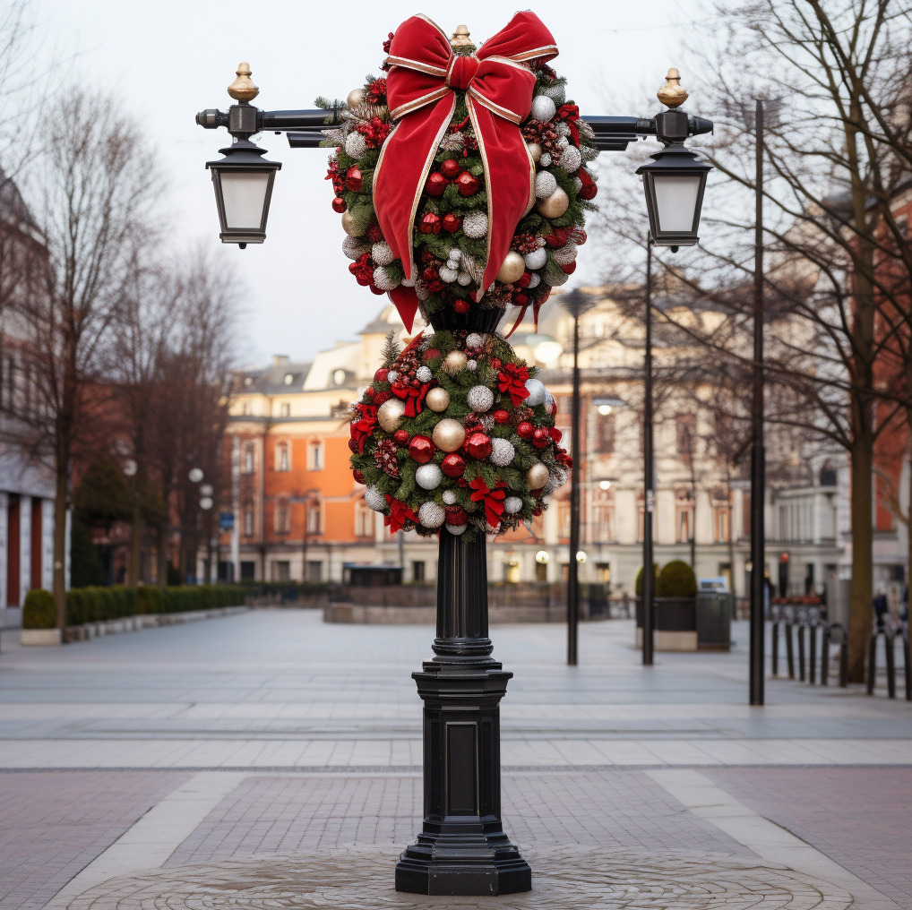 Street lamp with Christmas wreath and red bow in city square