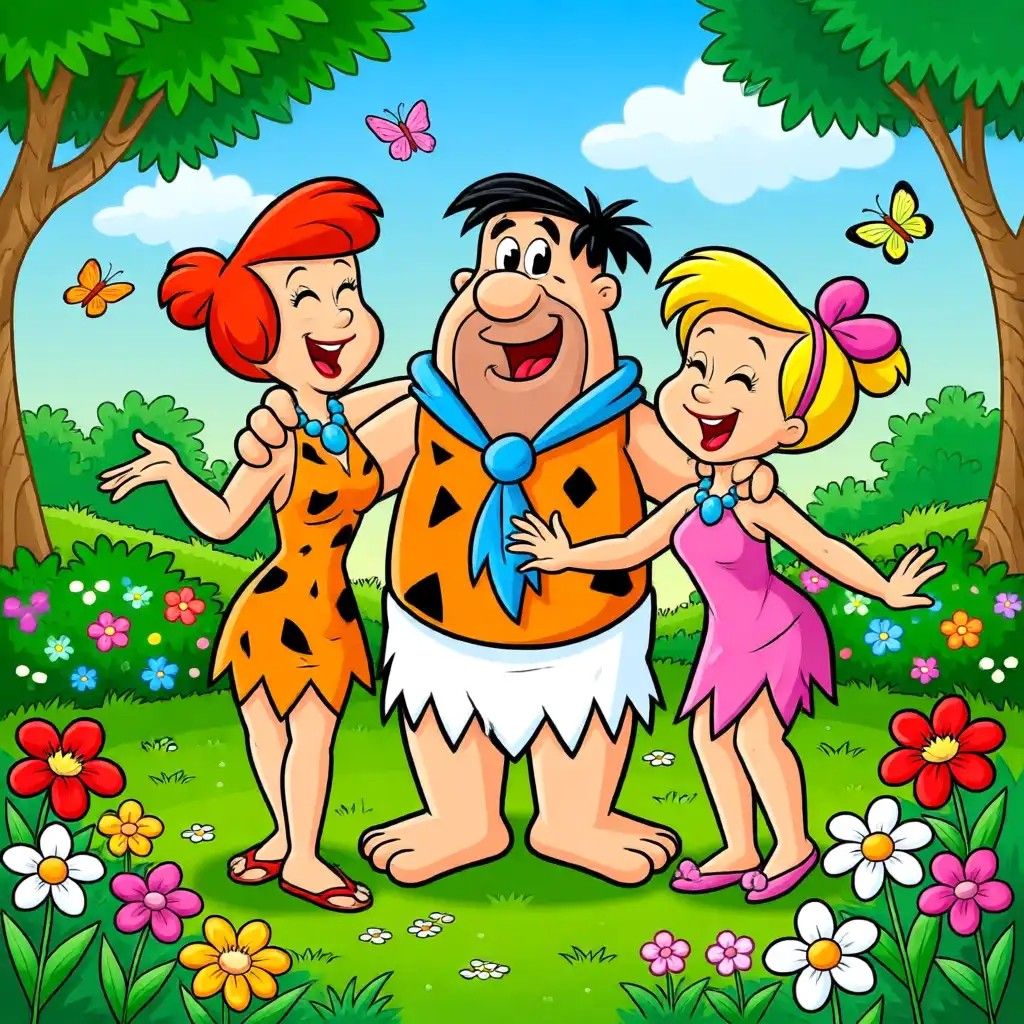Three Flintstones cartoon characters standing together in a garden with flowers and butterflies
