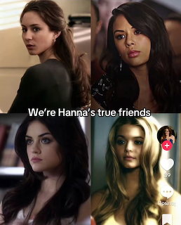 Grid of four Pretty Little Liars characters with text overlay reading We're Hanna's true friends