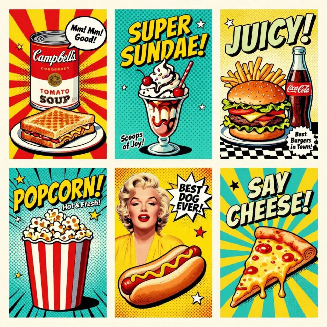 Six panel pop art grid showing vintage style food illustrations with bold text and colorful starburst backgrounds