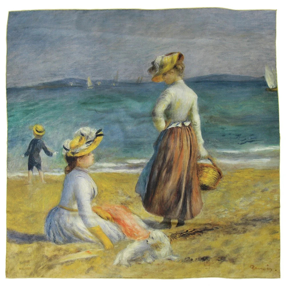 Impressionist beach painting with two women and a child by the sea on a sandy shore