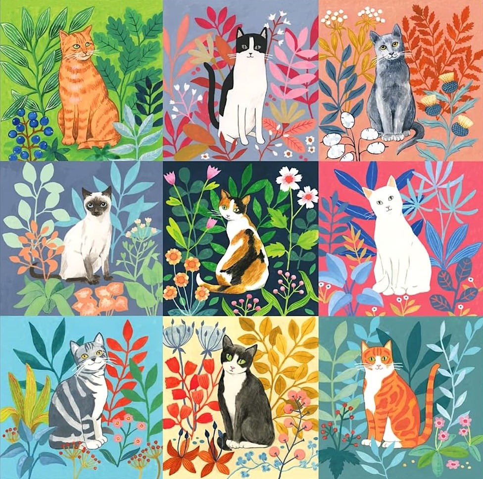 Grid of nine illustrated cats surrounded by colorful decorative flowers and plants in different color schemes