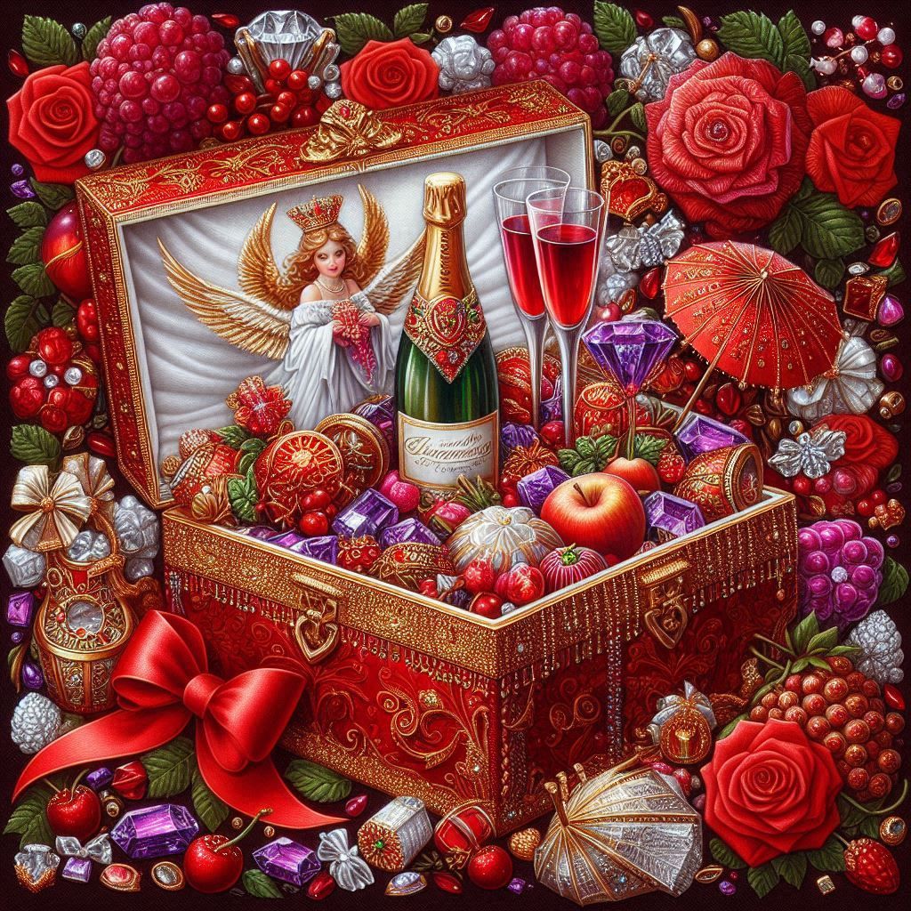 Decorated red treasure box with Christmas angel, champagne, roses, ornaments, and holiday treats