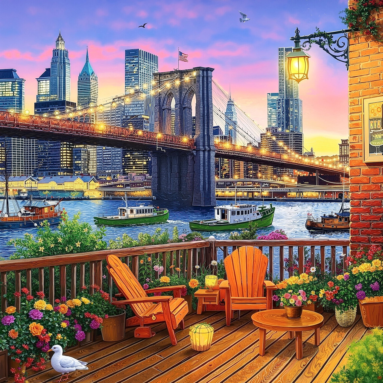 Sunset view of Brooklyn Bridge from balcony with wooden chairs and flower planters