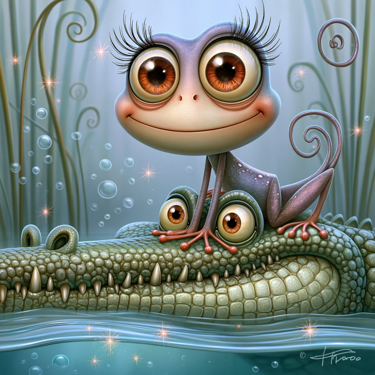 Cartoon frog and fish with large eyes sitting on a crocodile in water surrounded by reeds and bubbles