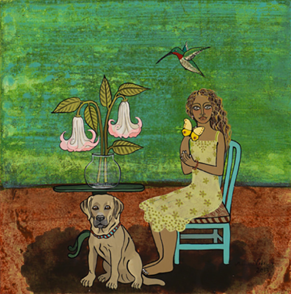 Stylized painting of a seated girl with a dog, vase of flowers, and a small bird on a green background