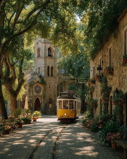 Yellow tram on a tree-lined old village street with stone buildings and a church tower