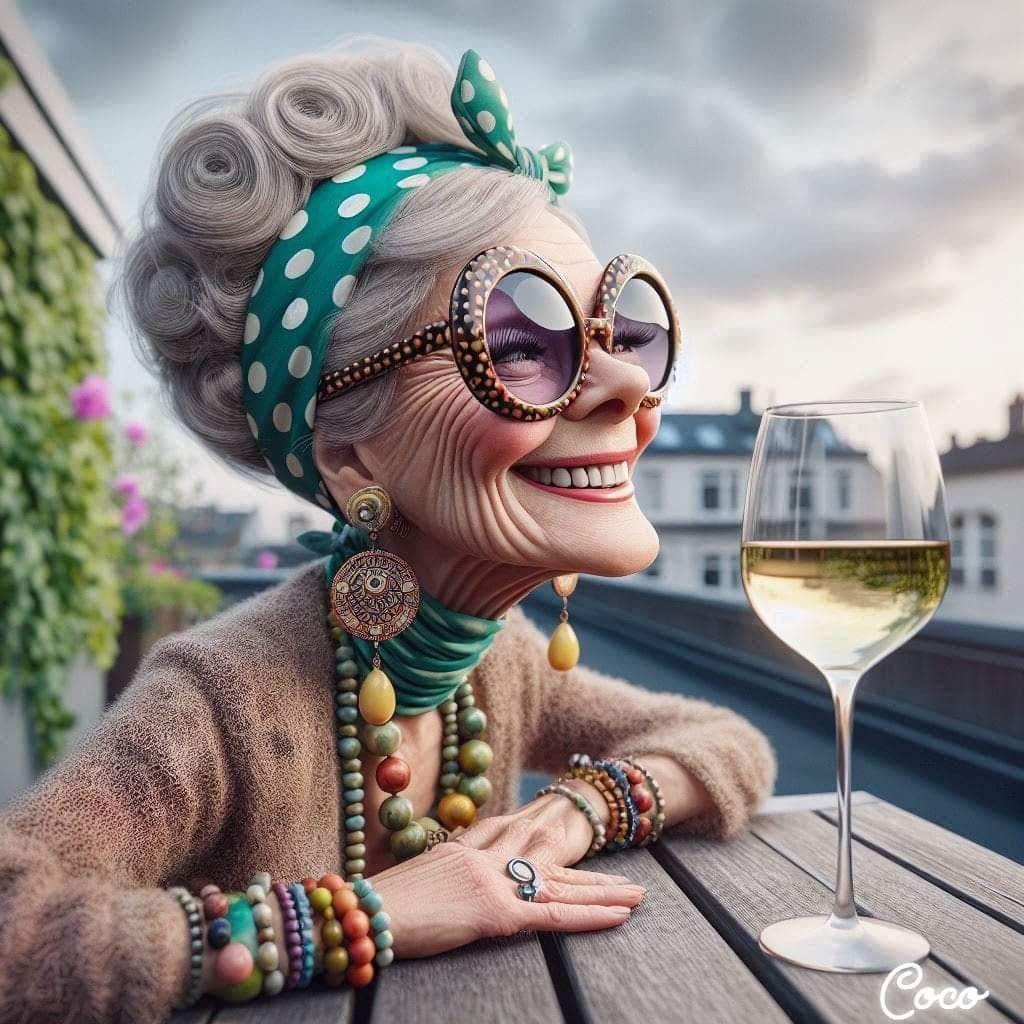 Stylized elderly woman in sunglasses and jewelry on a balcony next to a glass of white wine
