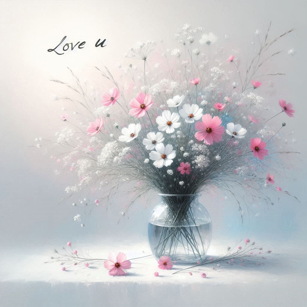 Pastel pink and white flowers in a glass vase on a soft light background